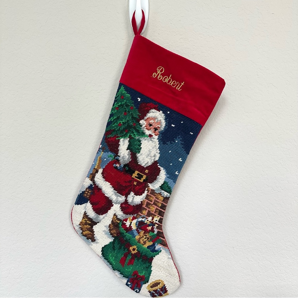 Lillian Vernon Wool Needlepoint Santa Claus Christmas Stocking